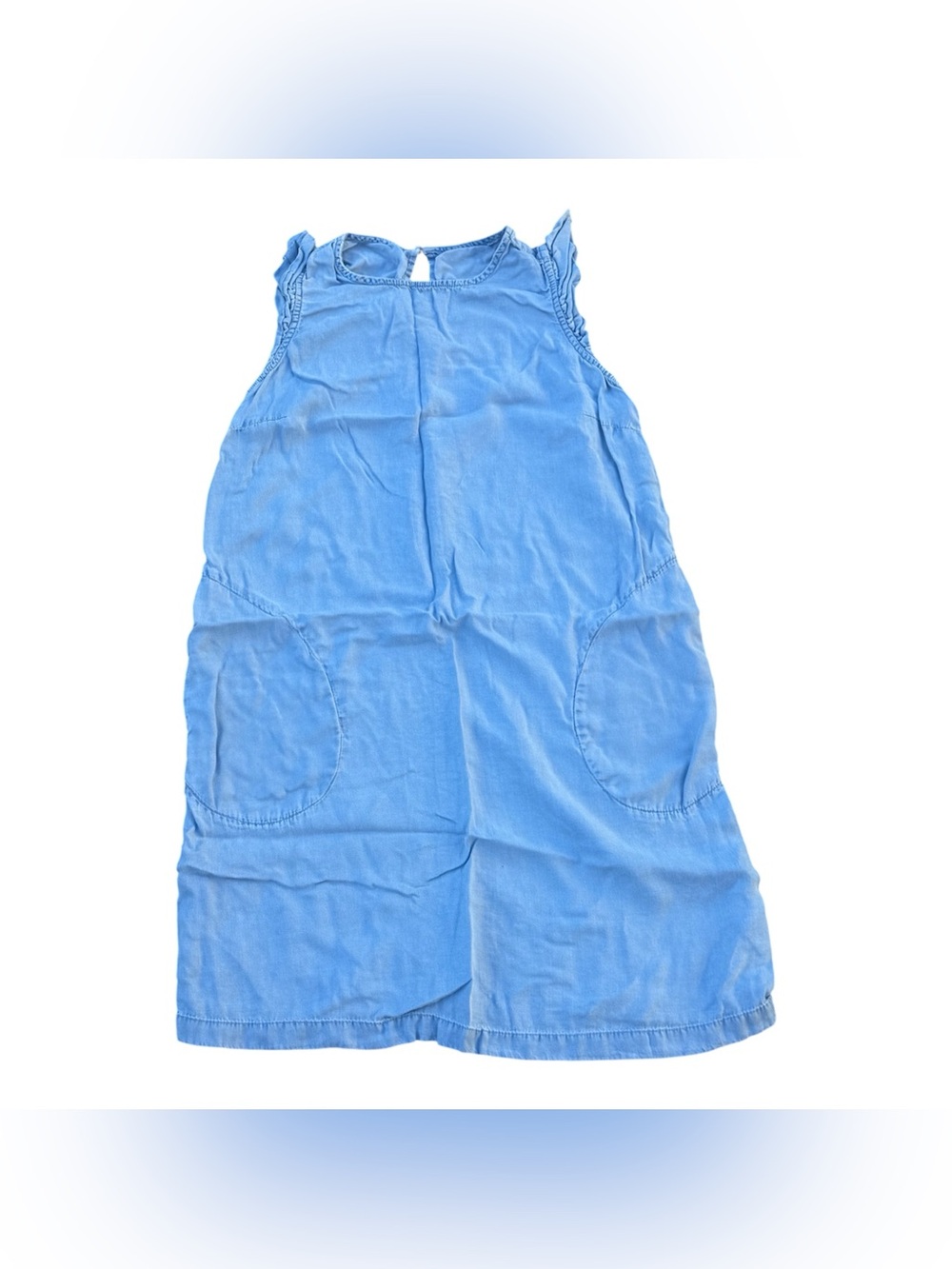 POPSUGAR Light Blue Lyocell Sleeveless Ruffle Trim Shift Mini Dress with Pockets